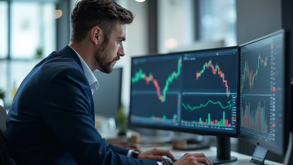 Аналитик работает с торговым терминалом, изучая графики котировок и технические индикаторы