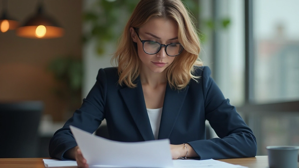 Деловая женщина, сосредоточенно работающая за столом с документами и ноутбуком, принимающая важные торговые решения