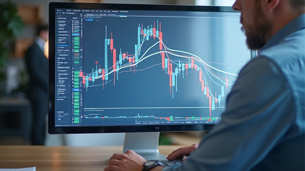 Экран компьютера показывает график акций с уровнями поддержки и сопротивления, отмеченными на свечном графике