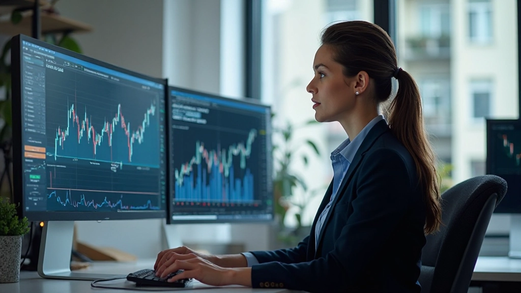 Рабочее место аналитика с несколькими мониторами, показывающими исторические графики котировок