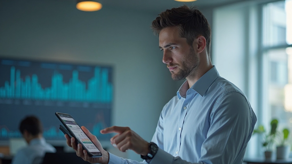 Аналитик изучает финансовые данные на экране монитора в современном офисе