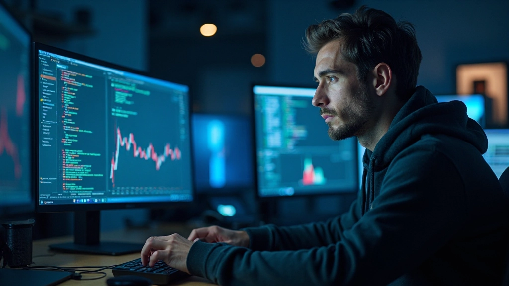 Разработчик торговых алгоритмов работает с кодом в интегрированной среде разработки на мощном компьютере