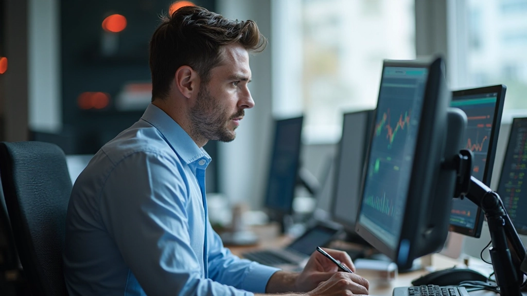 Трейдер смотрит на несколько мониторов с графиками и рыночными данными