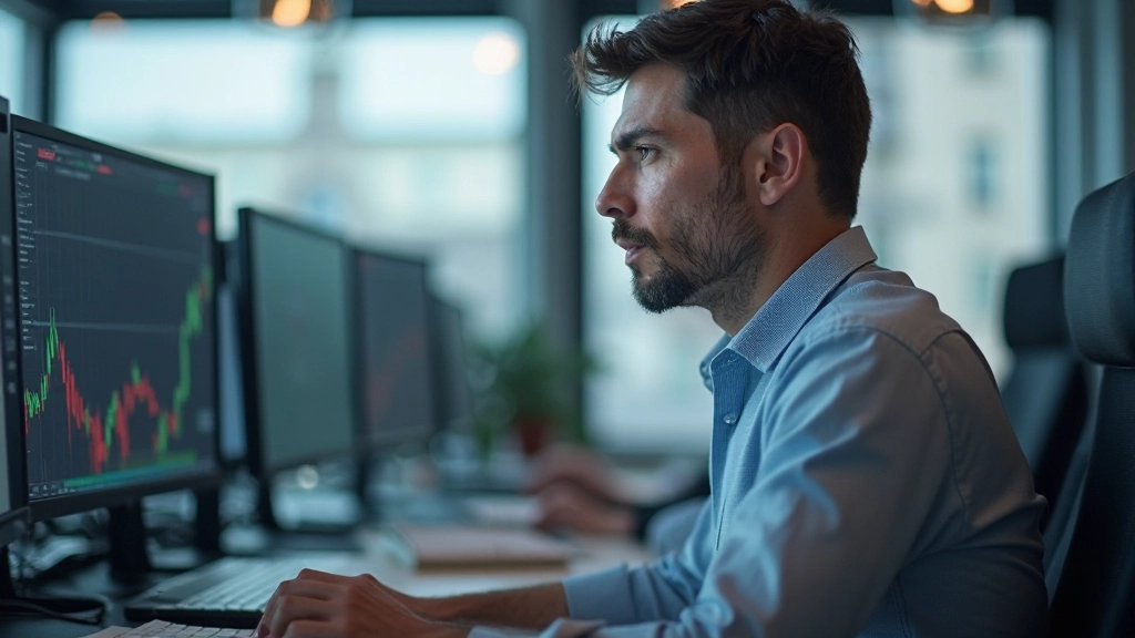 Трейдер в состоянии концентрации, анализирующий графики на мониторах в современном офисе
