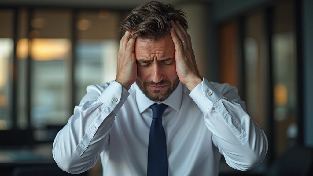 Трейдер испытывает стресс, держась за голову при анализе убыточной позиции