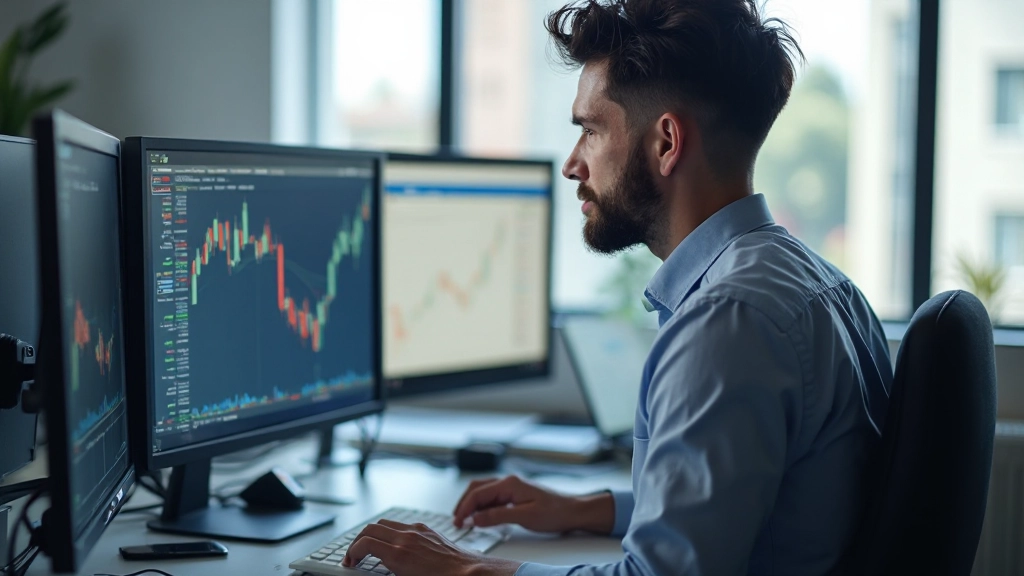 Профессиональная фотография трейдера с графиками рынка на мониторе