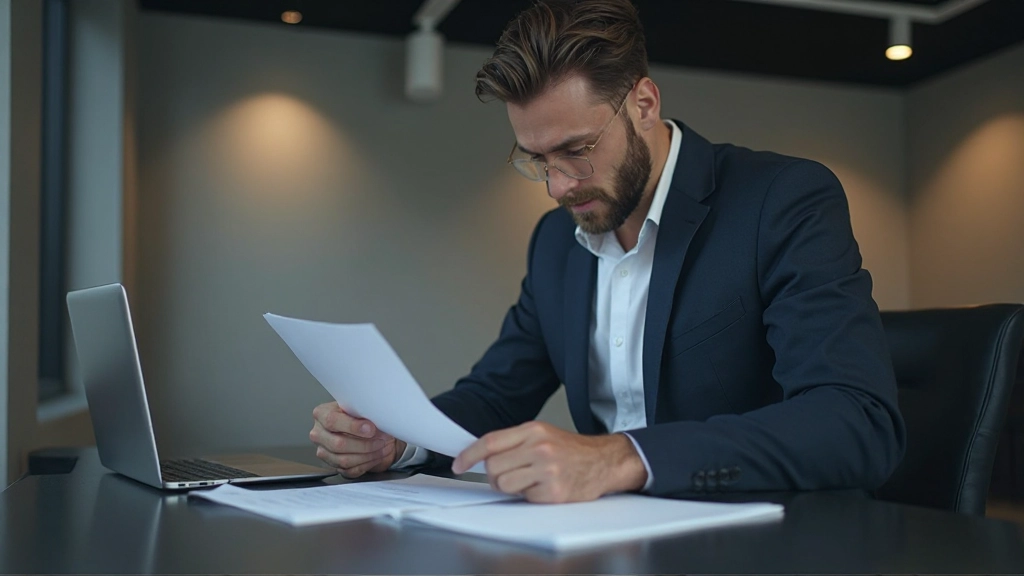 Снимок профессионального портрета инвестора с документами портфеля