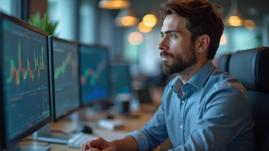 Профессиональный трейдер в офисе работает на нескольких мониторах, отслеживая рыночные данные