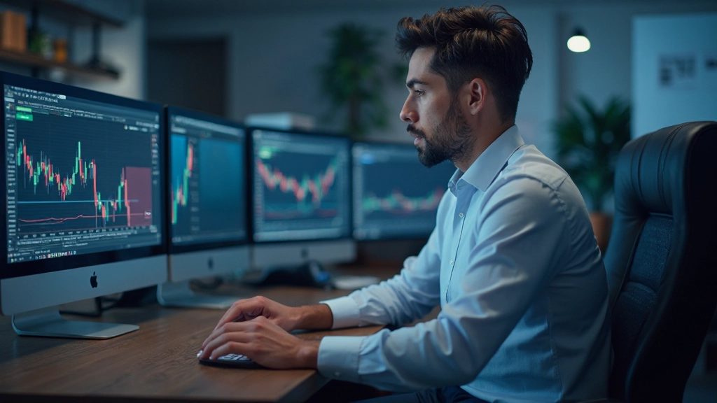 Трейдер анализирует графики волатильности на нескольких мониторах в торговом офисе