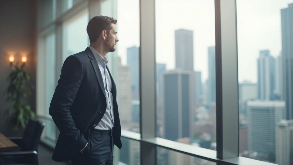 Снимок профессионального портрета трейдера у окна торговой компании