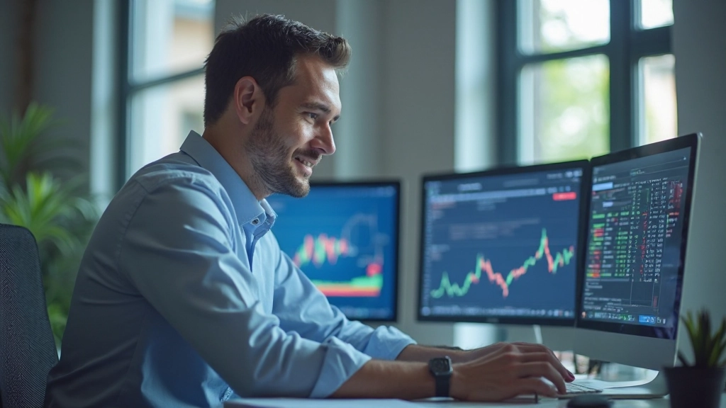Трейдер просматривает результаты автоматизированной торговой системы на дашборде с графиками и метриками