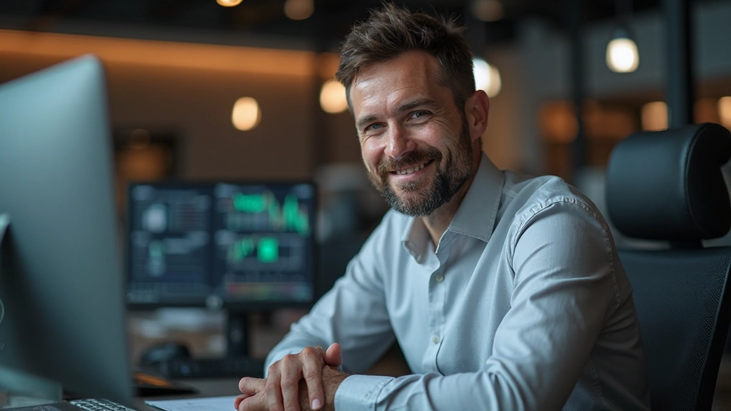 Успешный трейдер смотрит на экран с растущей линией тренда валютной пары, выражение уверенности и сосредоточенности