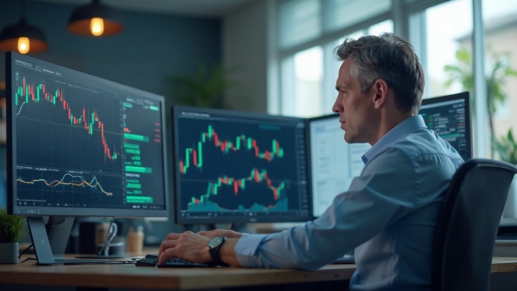 Трейдер анализирует многоуровневые графики различных валютных пар на нескольких экранах мониторов